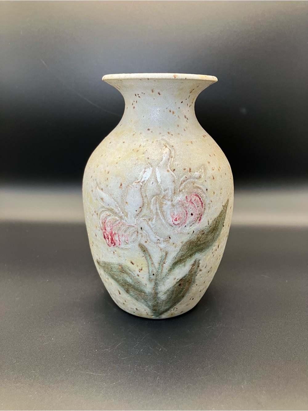 Handcrafted Speckled Stoneware Vase with Pink Floral Relief